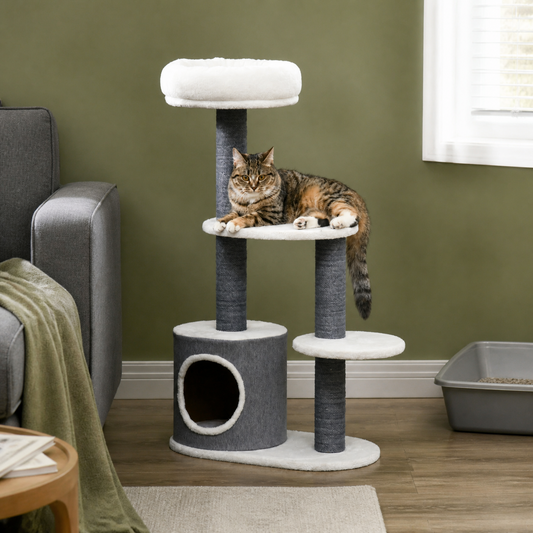 Compact beige cat tree with jute rope posts and multiple perches for small apartments — shown in a room