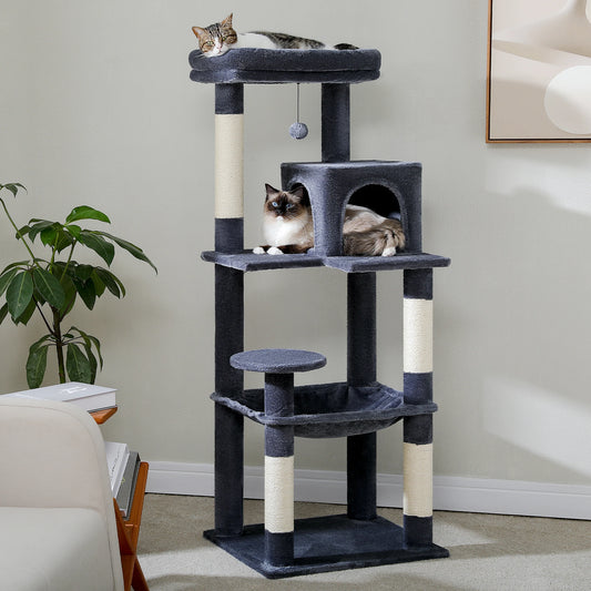Dark gray 5-level cat tree in a living room with cats in the condo and on the top perch