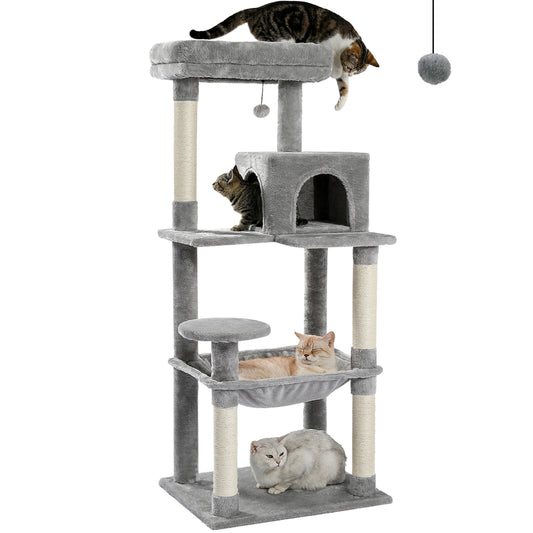 Light gray 5-level cat tree tower with top perch, condo, hammock and sisal posts, with 4 cats