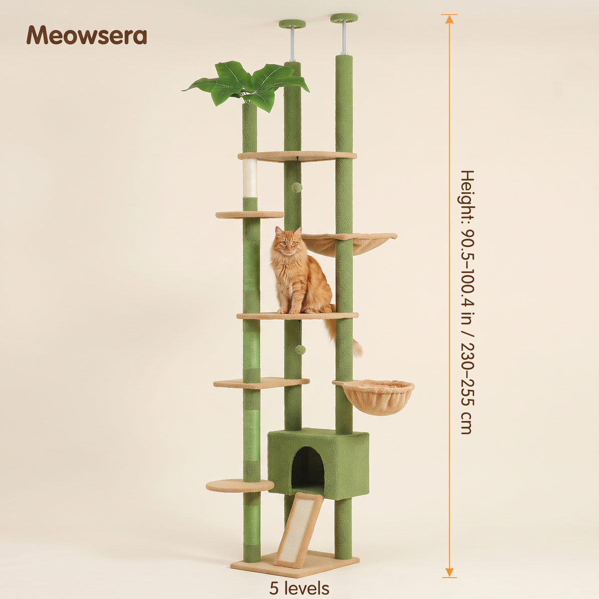 Green cactus-shaped floor-to-ceiling cat tree with 5+ levels, hammock, condo and sisal scratching posts — dimensions