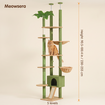 Green cactus-shaped floor-to-ceiling cat tree with 5+ levels, hammock, condo and sisal scratching posts — dimensions