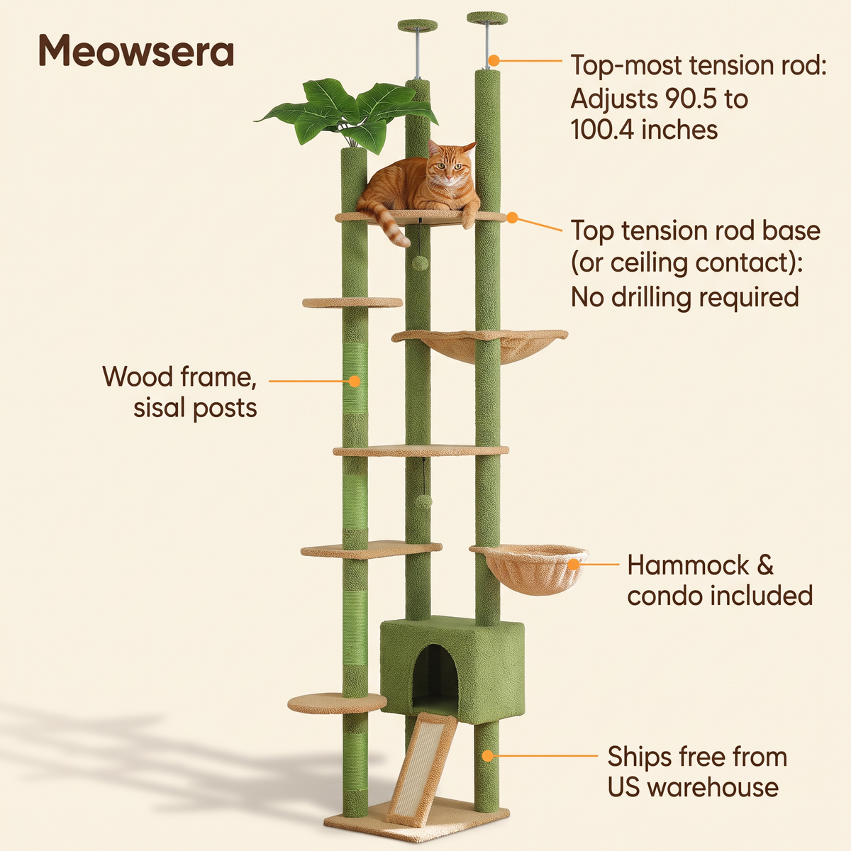 Green cactus-shaped floor-to-ceiling cat tree with 5+ levels, hammock, condo and sisal scratching posts — features