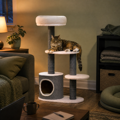 Compact beige cat tree with jute rope posts and multiple perches for small apartments — lifestyle
