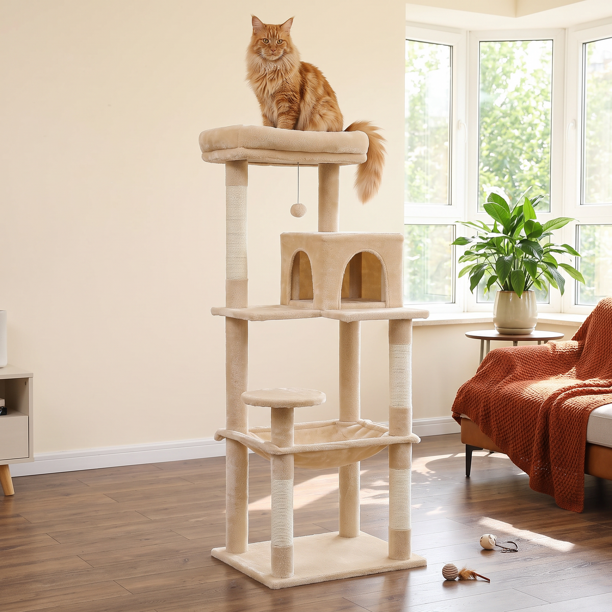 Beige tall narrow 5-level cat tree with hammock, condo and top perch in a small apartment — in a home