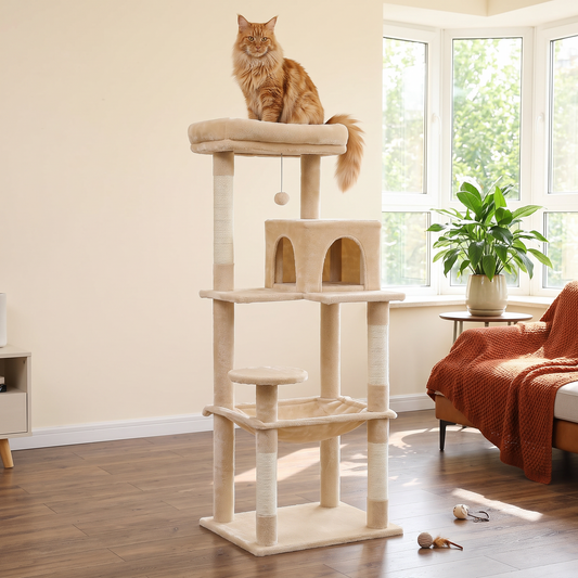 Beige tall narrow 5-level cat tree with hammock, condo and top perch in a small apartment — in a home