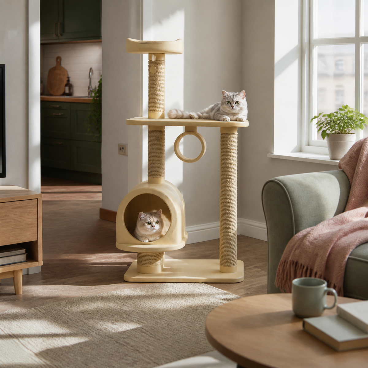 Adjustable floor-to-ceiling cat tower with seven wooden platforms and metal brackets, compact for apartments — lifestyle