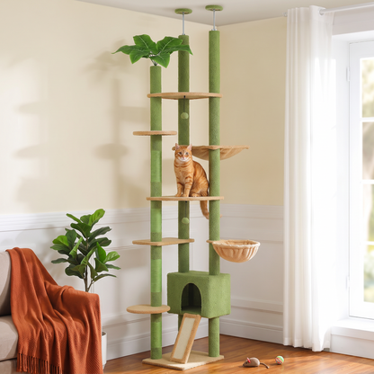 Green cactus-shaped floor-to-ceiling cat tree with 5+ levels, hammock, condo and sisal scratching posts — in a home