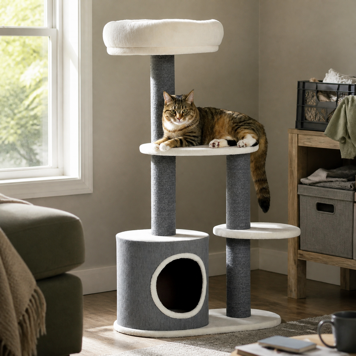 Compact beige cat tree with jute rope posts and multiple perches for small apartments — lifestyle