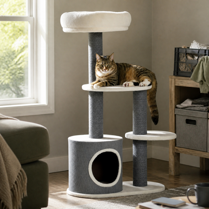 Compact beige cat tree with jute rope posts and multiple perches for small apartments — lifestyle