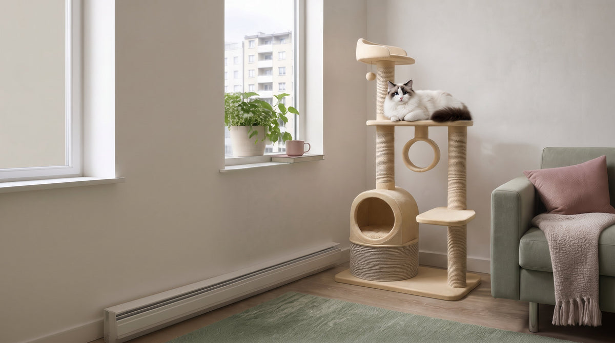 Luna the Ragdoll cat lying on a beige cat tree beside a green sofa in a bright apartment living room
