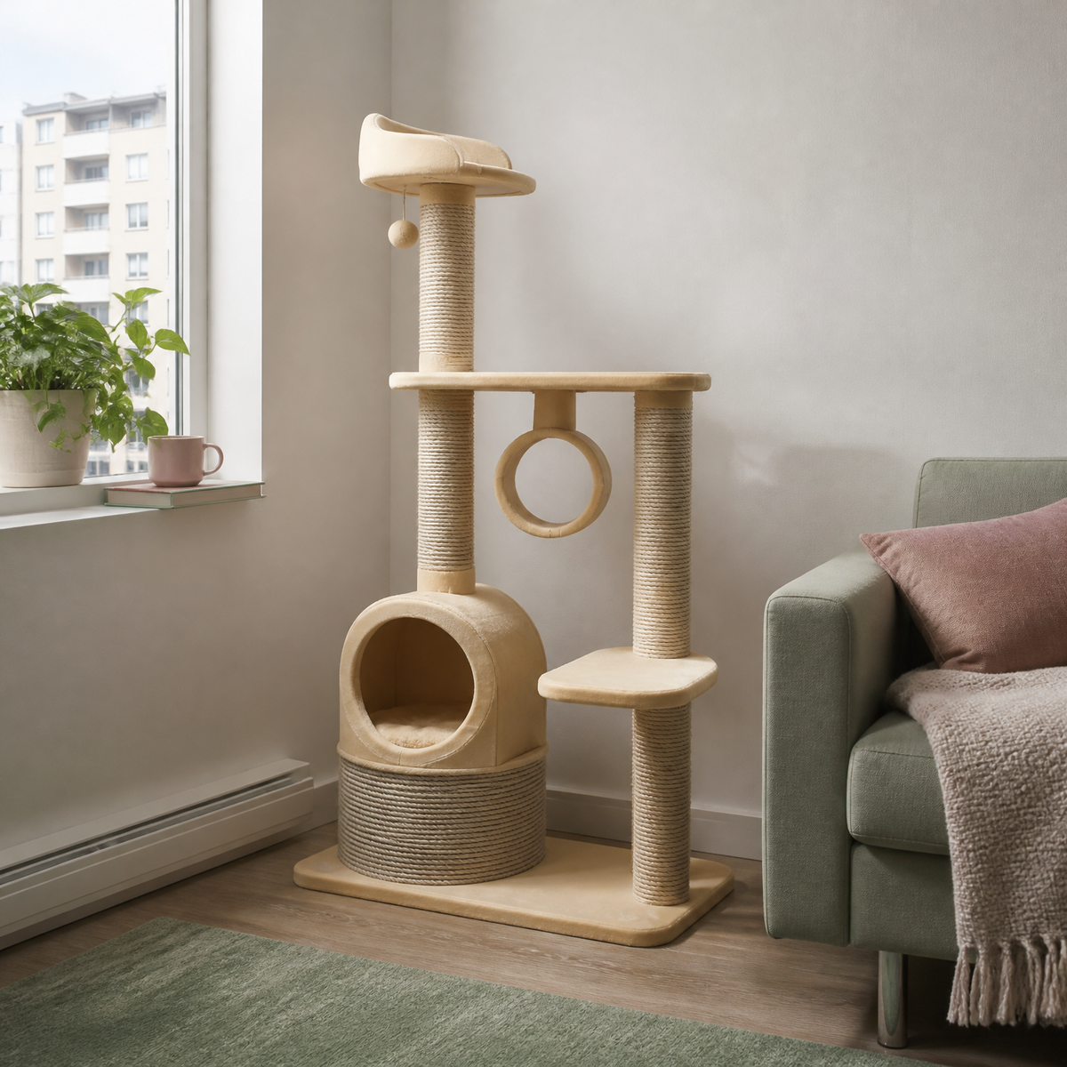 Adjustable floor-to-ceiling cat tower with seven wooden platforms and metal brackets, compact for apartments — shown in a room