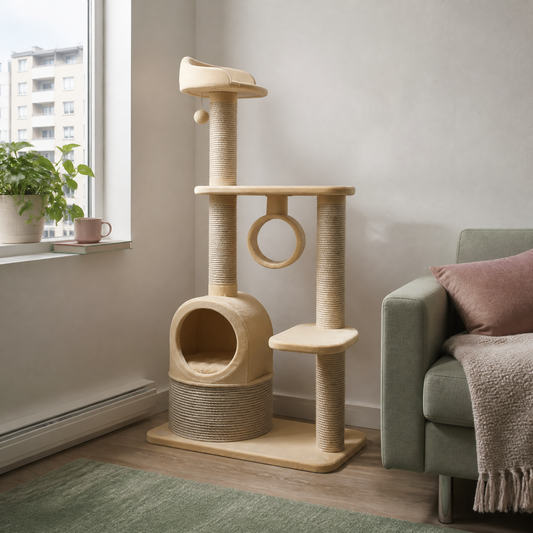 Adjustable floor-to-ceiling cat tower with seven wooden platforms and metal brackets, compact for apartments — shown in a room
