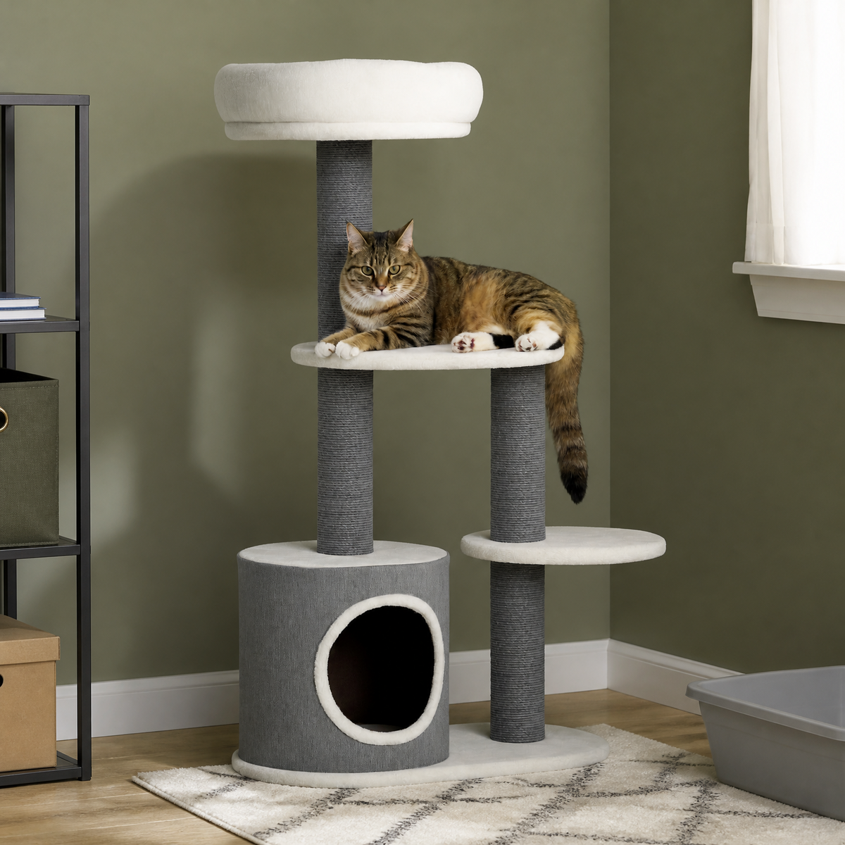 Compact beige cat tree with jute rope posts and multiple perches for small apartments — shown in a room