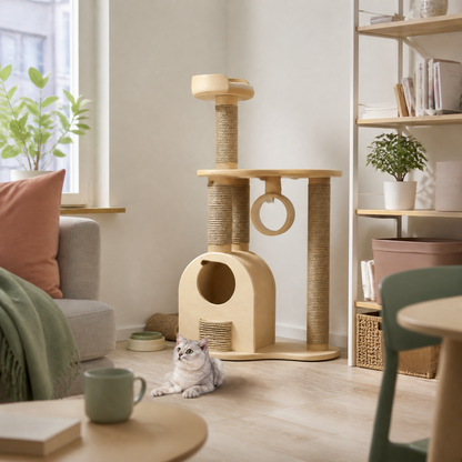 Adjustable floor-to-ceiling cat tower with seven wooden platforms and metal brackets, compact for apartments — shown in a room